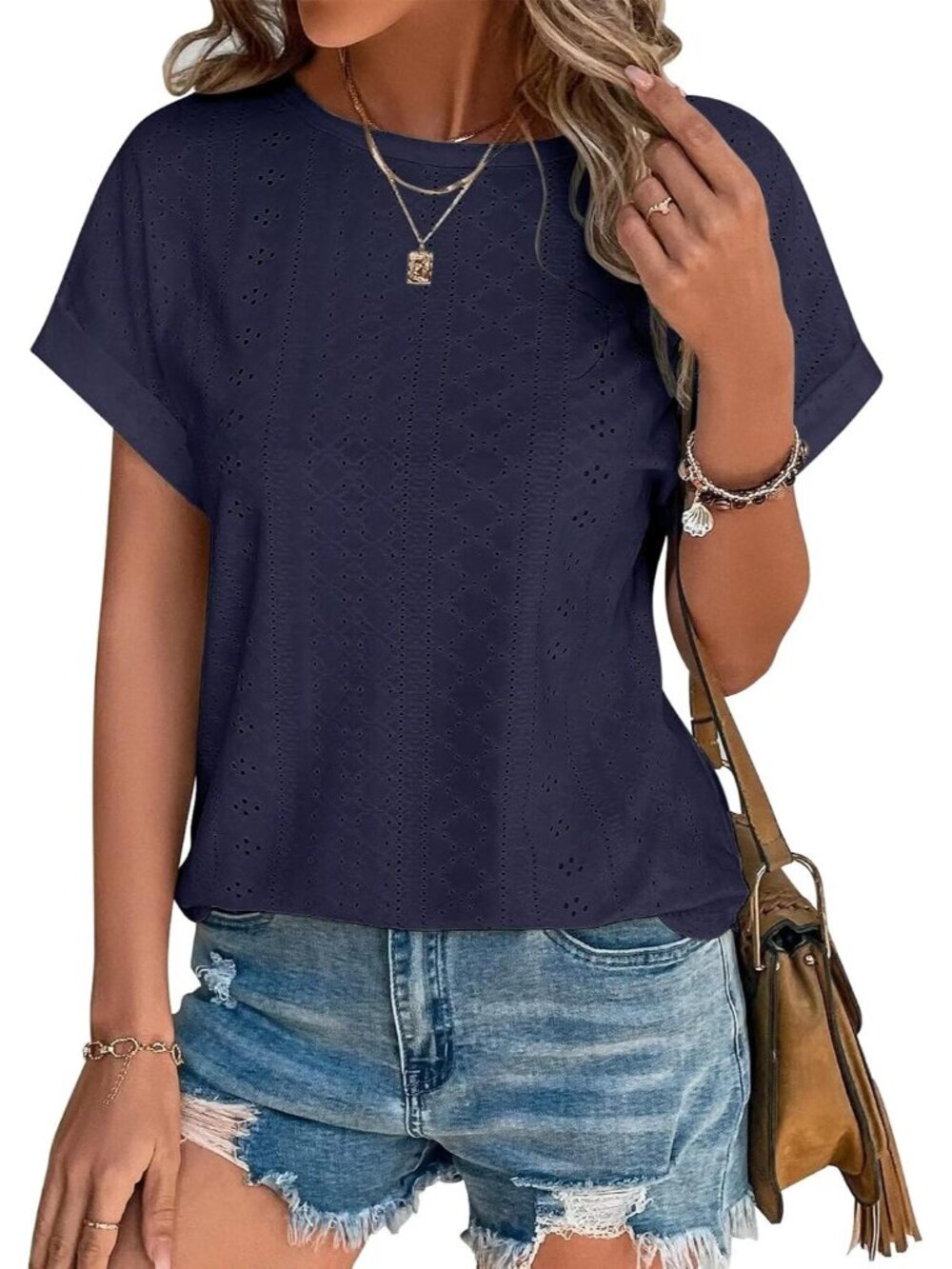 Womens Tops Eyelet Embroidery Summer Short Sleeve T Shirts Blouses
